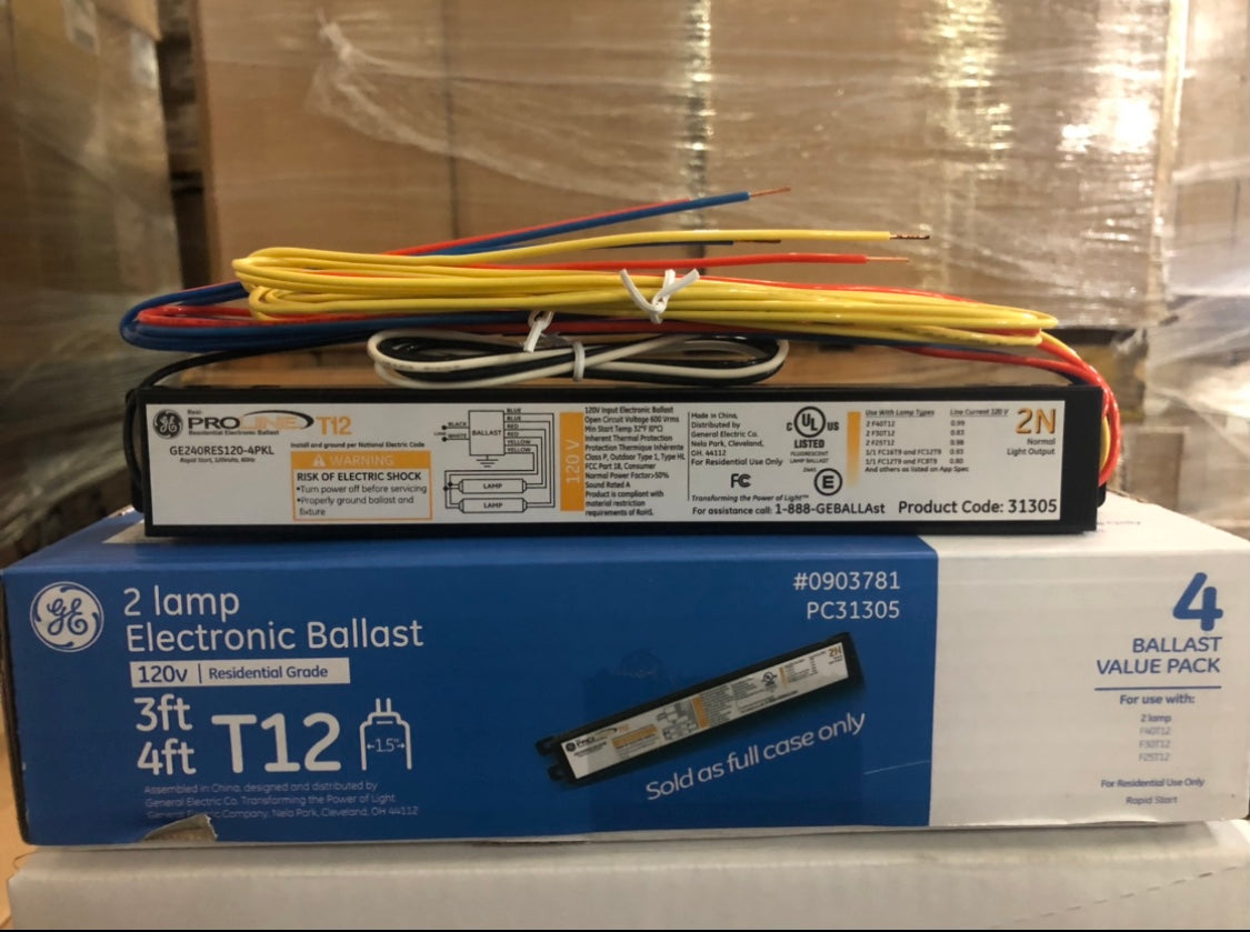 Balasto electrónico de luz fluorescente GE de 2 bombillas PC31305 para 3' y 4' T12 31305 (paquete de 4) - 210 paquetes/palé