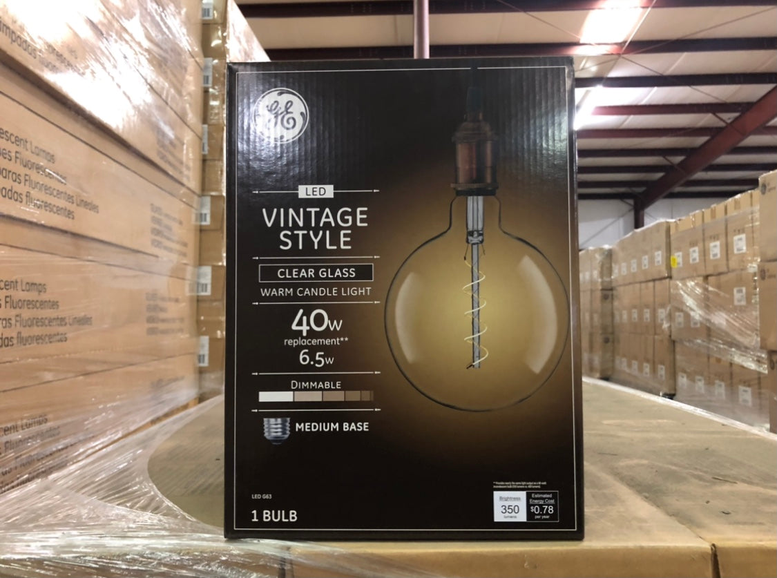 GE Vintage 40 vatios EQ G63 bombilla de luz de globo regulable de color blanco cálido 93099993 (paquete de 1) - 60 paquetes/palé 